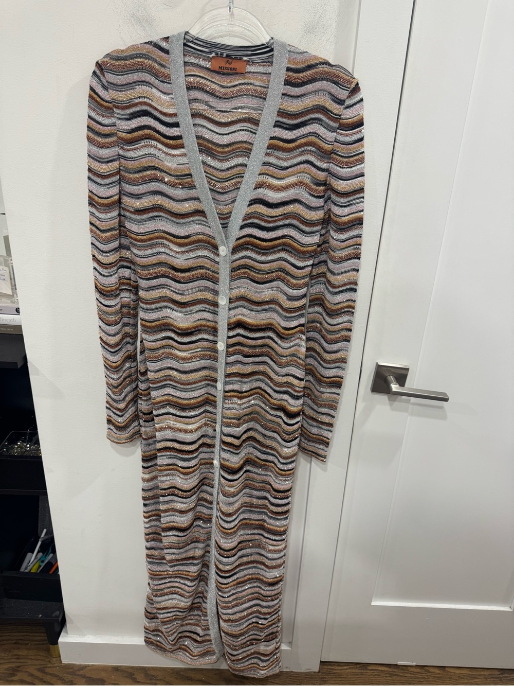 Missoni Multicolor Wavy Knit Long Cardigan with Metallic Accents